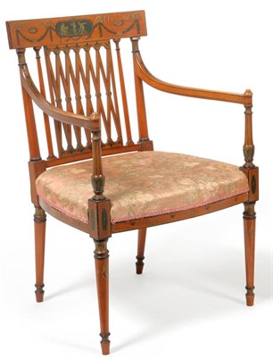 Lot 1683 - An Edwardian Sheraton Style Satinwood and Polychrome Painted Armchair, early 20th century, with...