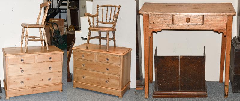 Lot 1329 - A Victorian pine three height chest of drawers, an oak smokers chair, a pine side table,...