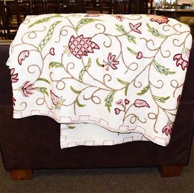 Lot 405 - A crewelwork coverlet, leaf floral decoration