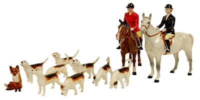 Lot 124 - Beswick Hunting Group Comprising: Huntswoman - Style Two: Standing, model No. 1730, grey gloss...