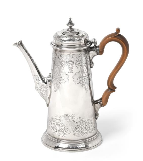 Lot 2002 - A George II Silver Coffee-Pot, by Richard Burcombe, London, 1734, tapering and on spreading...