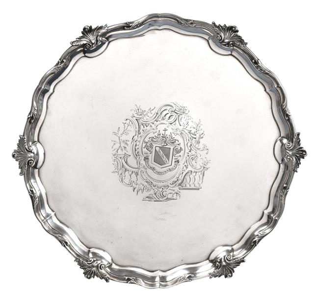 Lot 2003 - A George II Silver Salver, by George Wickes, London, 1754, shaped circular and on three cast...