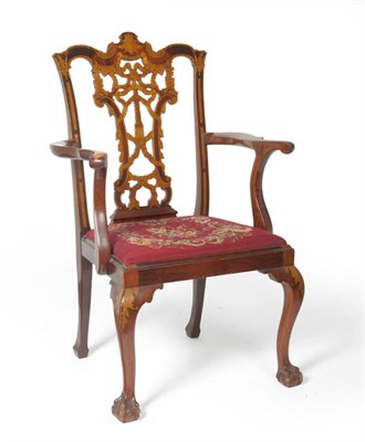 Lot 1693 - An Edwardian Mahogany, Satinwood and Marquetry Carver Chair, early 20th century, the shaped top...