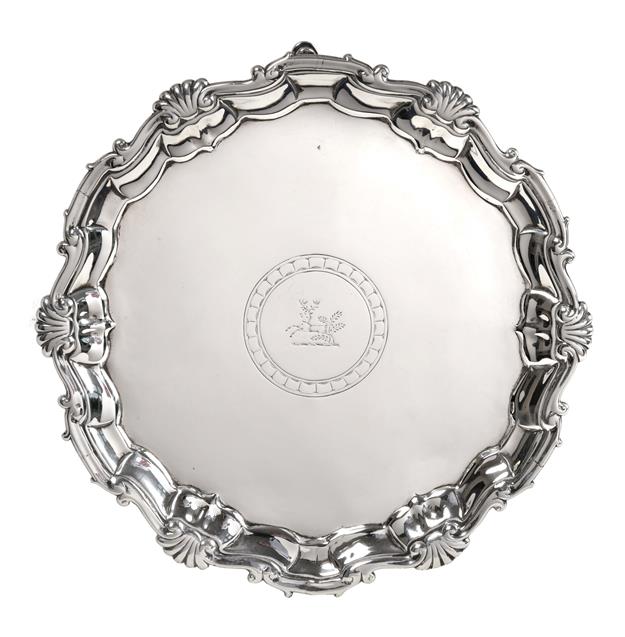 Lot 2006 - A George II Silver Salver, by Hugh Mills, London, 1747, shaped circular and on three pad feet, with