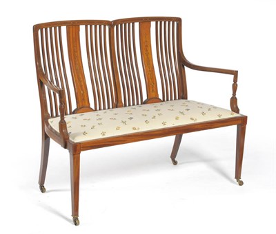 Lot 1695 - An Edwardian Mahogany, Satinwood and Floral Marquetry Settee, early 20th century, with slatted...