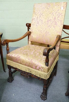 Lot 1697 - A 17th Century Style Walnut Framed Open Armchair, upholstered in pink and gold floral dralon...