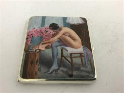 Lot 2045 - An Alpaca and Enamel Erotic Cigarette-Case, First Quarter 20th Century, oblong, the hinged...