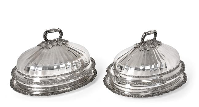 Lot 2061 - A Pair of Old Sheffield Plate Meat-Dish Covers and Meat-Dishes, Apparently Unmarked, Circa...
