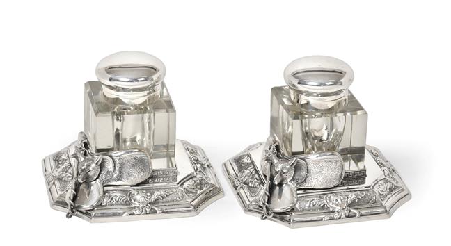 Lot 2062 - A Pair of Silver Plate Mounted Glass Ink-Bottles, Apparently Unmarked, Modern, each plain...