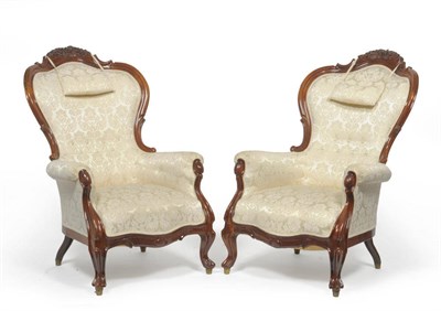 Lot 1706 - A Pair of Victorian Mahogany Framed Armchairs, 3rd quarter 19th century, upholstered in modern...