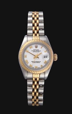 Lot 2139 - A Lady's Steel and Gold Automatic Calendar Centre Seconds Wristwatch, signed Rolex, Oyster...