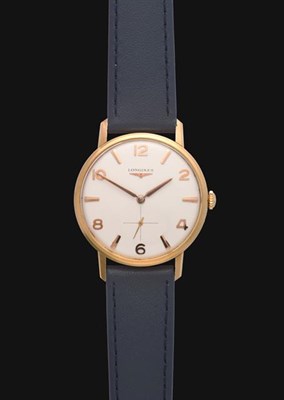 Lot 2158 - An 18 Carat Rose Gold Wristwatch, signed Longines, ref: 7026-1, circa 1960, (calibre 23Z) lever...