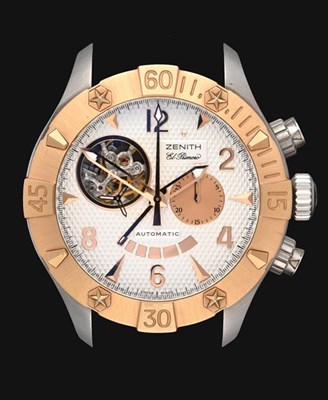 Lot 2161 - A Steel and Rose Gold Automatic Power Reserve Chronograph Wristwatch with an Unusual...