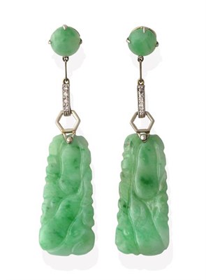Lot 2178 - A Pair of Jade and Diamond Drop Earrings, a round cabochon jade suspends a white geometric...