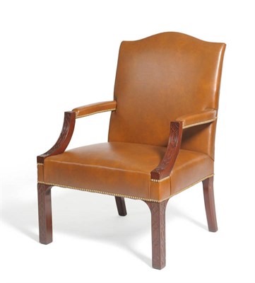 Lot 1711 - A George III Style Mahogany Library Armchair, late 19th century, recovered in modern brown...