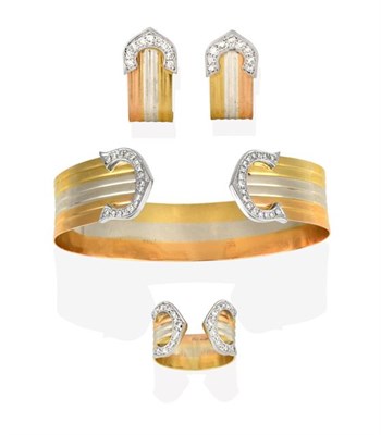 Lot 2204 - An 18 Carat Tri-Coloured Gold Diamond Bangle, Ring and Earring Suite, of broad ridged cuff...