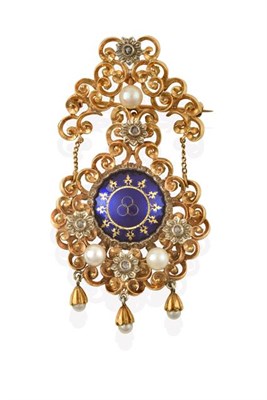 Lot 2208 - A Cultured Pearl, Diamond and Enamel Brooch, a blue enamel domed circular plaque within a...