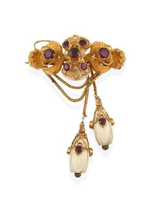 Lot 2210 - A Victorian Garnet and Ivory Brooch, the yellow trefoil scrolled ribbon bow motif set...