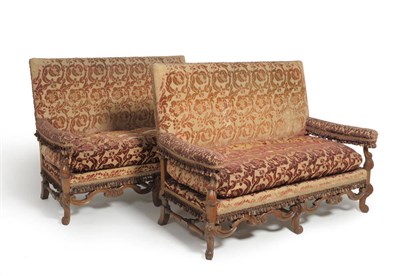 Lot 1714 - A Pair of Walnut Framed Highback Settees in 17th Century Style, bearing labels MORANT & CO,...