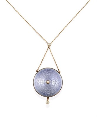 Lot 2215 - An Edwardian Enamel and Seed Pearl Necklace, the lilac guilloche enamel domed circular pendant with