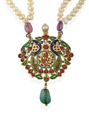 Lot 2224 - An Indian Diamond and Enamel Pendant Necklace, late 19th century, the openwork floral spray...