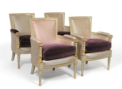 Lot 1715 - A Set of Four Louis XVI Style Green Painted and Parcel Gilt Fauteuils, late 19th century,...