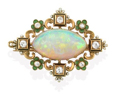 Lot 2237 - An Opal, Diamond and Enamel Brooch, circa 1900, the central marquise cabochon opal in a yellow claw