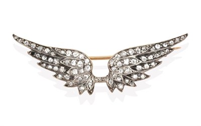 Lot 2259 - A Diamond Brooch, circa 1900, the wing motif set throughout with rose cut diamonds, in white...