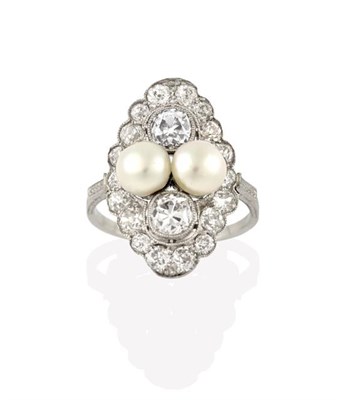 Lot 2261 - A Cultured Pearl and Diamond Ring, the navette shaped plaque formed of two cultured pearls and...