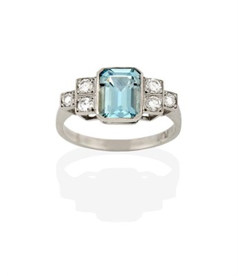 Lot 2264 - An Art Deco Style Aquamarine and Diamond Ring, the emerald-cut aquamarine to round brilliant...