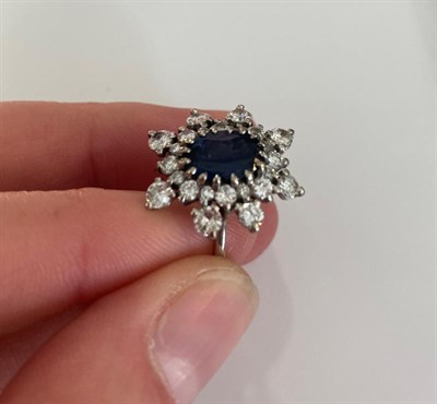 Lot 2284 - A Sapphire and Diamond Cluster Ring, the oval cut sapphire within a double border of round...