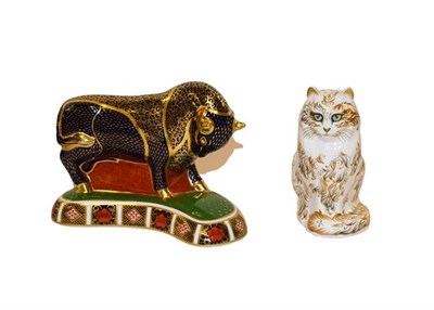 Lot 7 - Royal Crown Derby: Bull form paperweight, with gold stopper, together with Fifi, a cat...