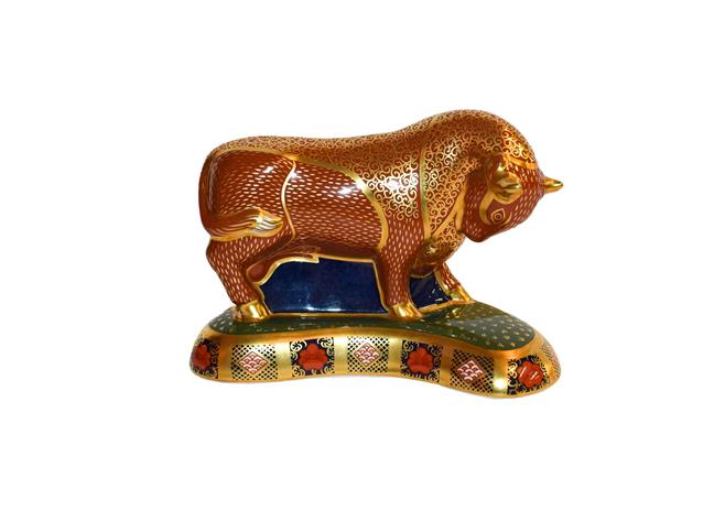 Lot 10 - Royal Crown Derby Imari: Harrods Bull, limited edition 103/400, with gold stopper, certificate...