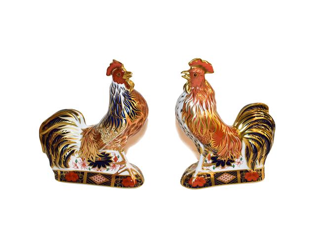 Lot 11 - Royal Crown Derby: Imari Cockerel and Imari Rooster paperweights, both with gold stoppers,...