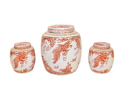 Lot 24 - Royal Crown Derby porcelain: Red Aves pattern wares comprising a large ginger jar and cover...