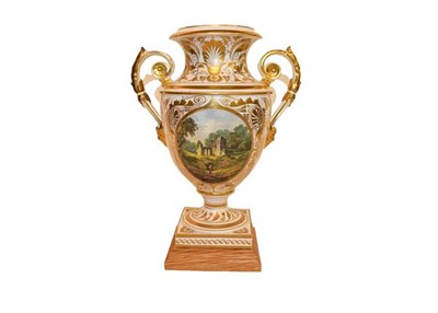 Lot 26 - Royal Crown Derby: A 19th century parcel gilt twin-handled vase painted with a scene titled...