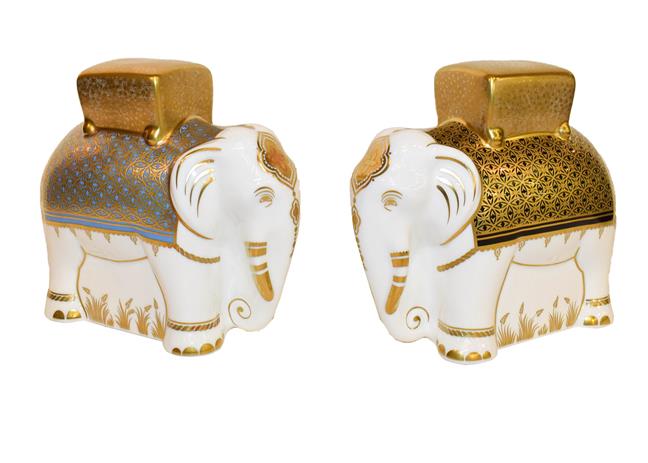 Lot 28 - Royal Crown Derby Paperweights: Two elephants both ''Aura'', each with gold stoppers and 16cm high