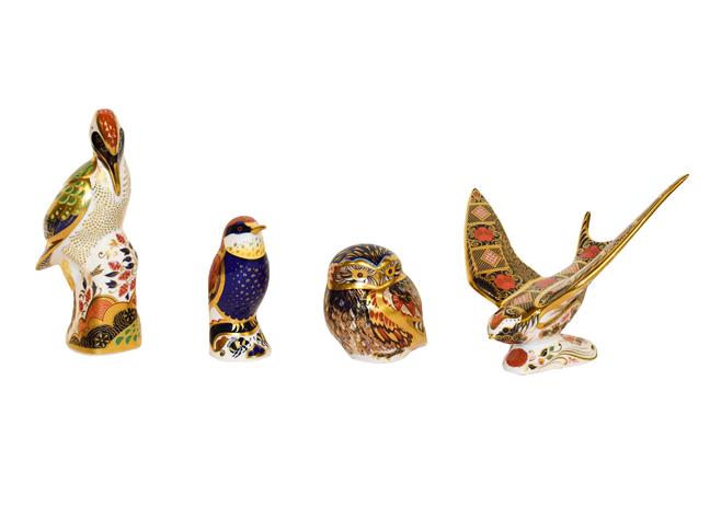 Lot 34 - Royal Crown Derby: Four bird paperweights, Old Imari Solid Gold Band Swallow, Newstead...