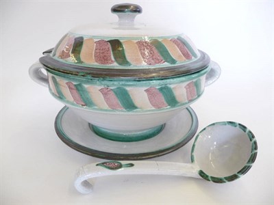 Lot 1744 - An Aldermaston Pottery Twin-Handled Tin-Glazed Earthenware Soup Tureen, Stand and Ladle, with...