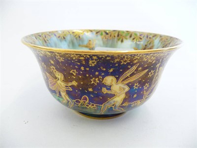 Lot 1750 - A Wedgwood Black Fairyland Lustre "Leapfrogging Elves and Elves on a Branch" York Cup, designed...