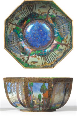 Lot 1751 - A Wedgwood Fairyland Lustre "Boxing Match and Castle on a Road" Octagon Bowl, designed by Daisy...