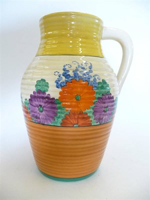 Lot 1755 - A Clarice Cliff "Gay Day" Bizarre Single-Handled Lotus Jug, painted with orange, purple and red...