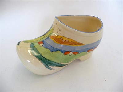 Lot 1756 - A Clarice Cliff "Clovelly" Sabot/Clog, circa 1937, painted with red-roofed houses leading to...