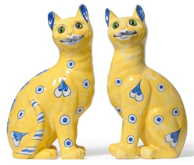 Lot 1757 - A Pair of Emile Galle Polychrome Faience Models of Cats, circa 1900, naturalistically modelled,...