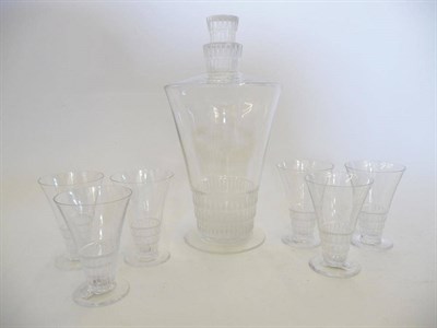 Lot 1766 - A Rene Lalique "Bourgueil" Clear and Frosted Glass Carafe and Six Madeira Glasses, No.5199,...