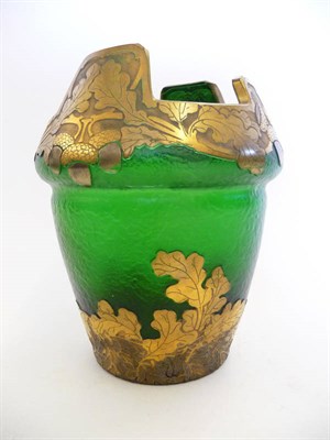 Lot 1771 - A Legras St Denis Paris Green Glass Vase, with raised gilt acorn and leaf decoration, marked St...