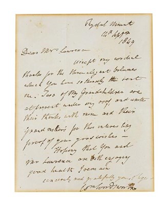 Lot 148 - Wordsworth (William, 1770-1850). Autograph letter signed, Rydal Mount, 14 September 1849,...