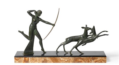 Lot 1784 - Michel Decoux: An Art Deco Patinated Bronze Group, modelled as a huntress with a bow chasing...