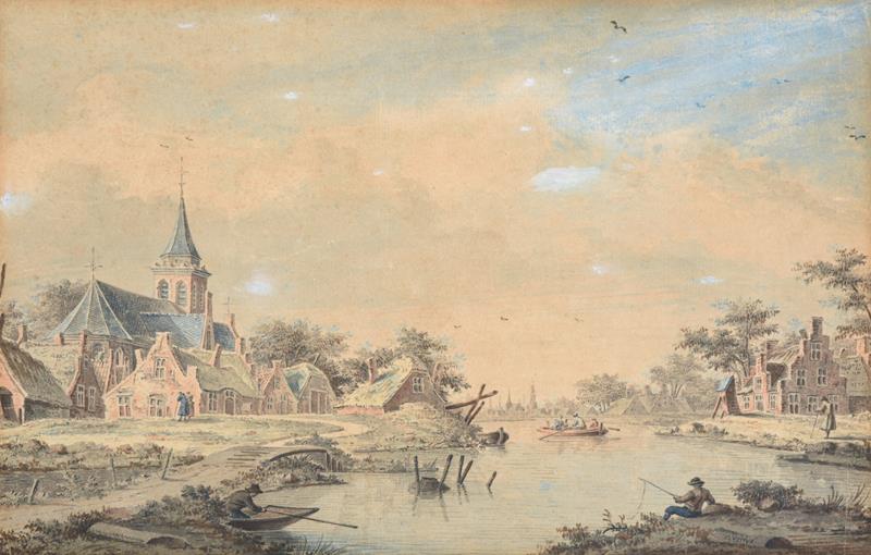 Lot 1005 - Theodor (Dirk) Verryck (1734-1786) Dutch River landscape with church and figures, a town in the...