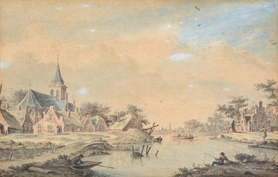 Lot 1005 - Theodor (Dirk) Verryck (1734-1786) Dutch River landscape with church and figures, a town in the...